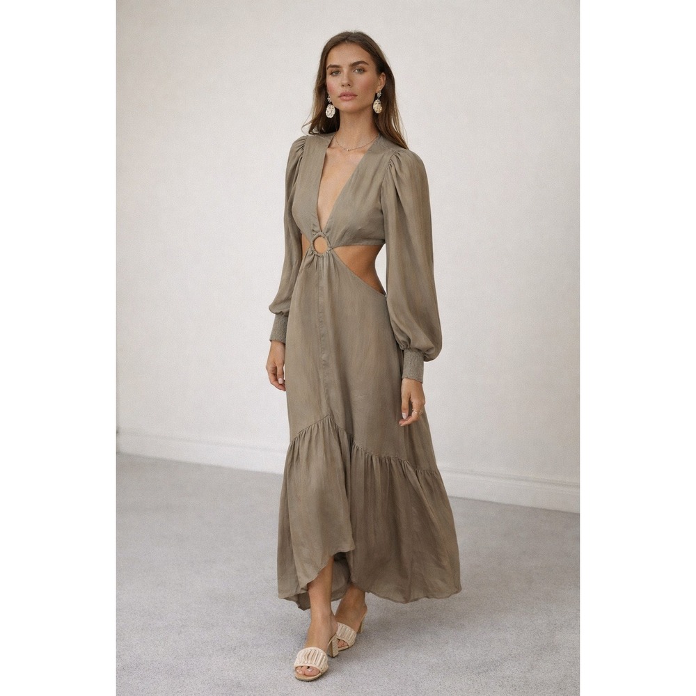 Endless Blu Green Satin Cutout Maxi Dress Size S Boho Chic Vacation Summer